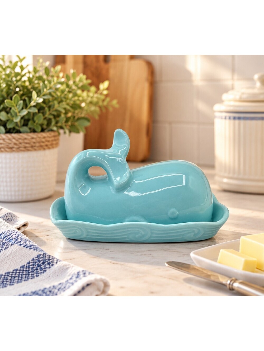 Fox Run Aqua Blue Ceramic Whale Butter Dish Coastal Kitchen Decor